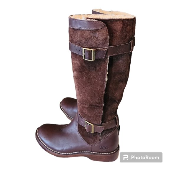 Chocolate UGG Dunwich Leather & Suede Tall Boots - Picture 2 of 5